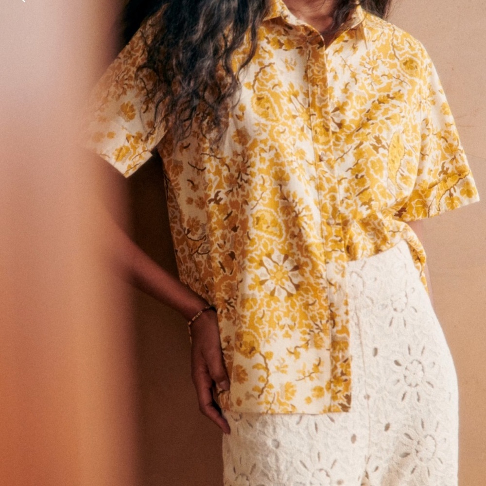 Sezane Yellow Floral Button Down Shirt